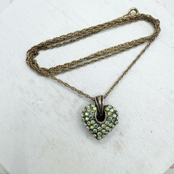 Vintage Gold Filled Pave Aurora Borealis Rhinestone Puffy Heart Pendant Necklace - Picture 6 of 12